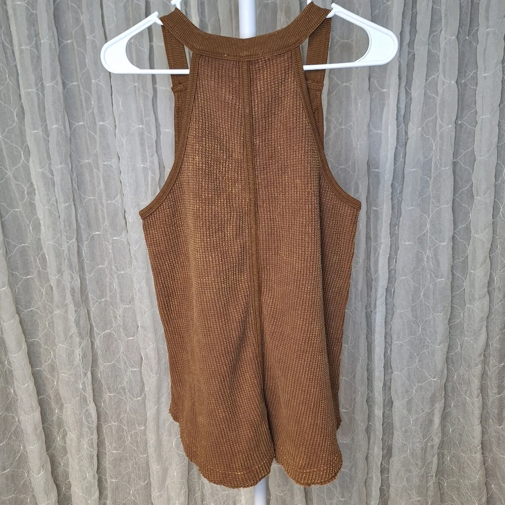 White BirchBrown Mineral Wash Waffle Knit Fray Rounded Hem Tank 100% Cotton - Picture 7 of 8